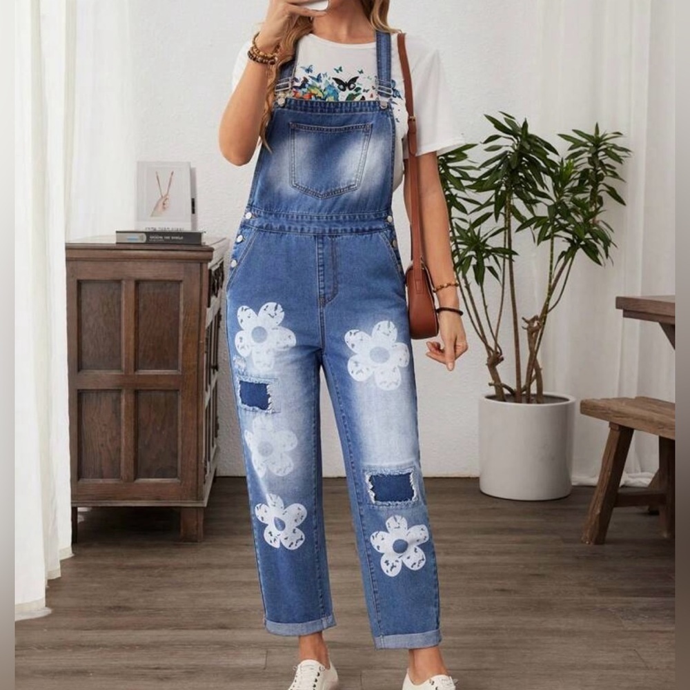 Women's Blue Floral Denim Overalls